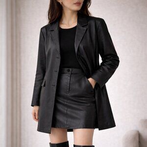 Vintage Leather Long Black Jacket & Skirt Set